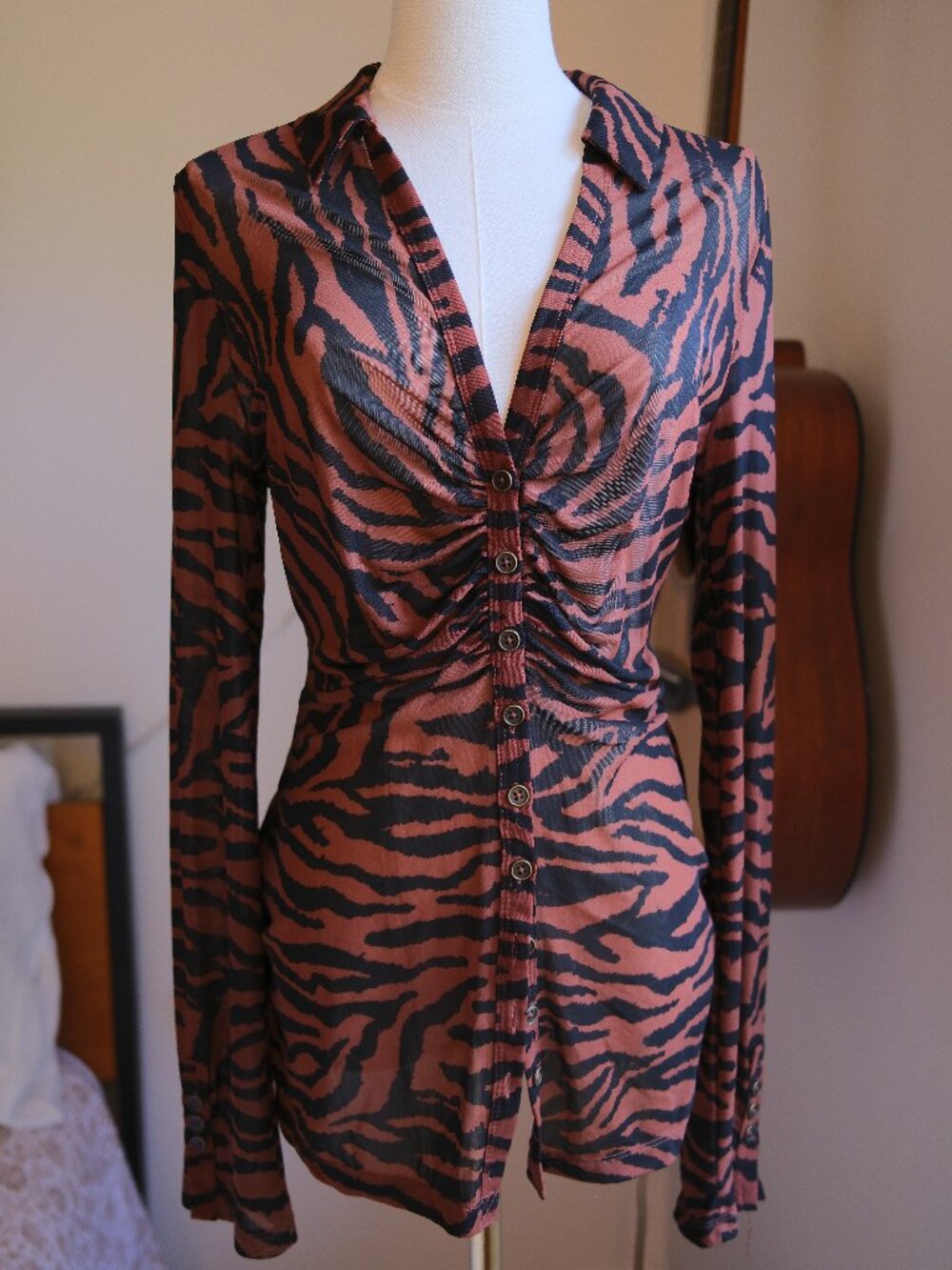 Free People Zebra Print Ruched Button Front Blouse Top Long Sleeve Size M